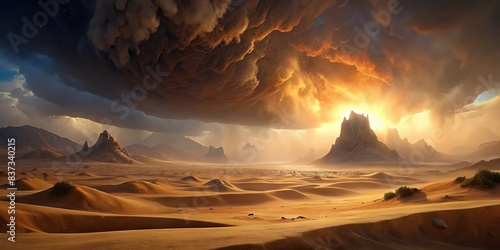 Monstrous sandstorm engulfing desert landscape, glowing sky