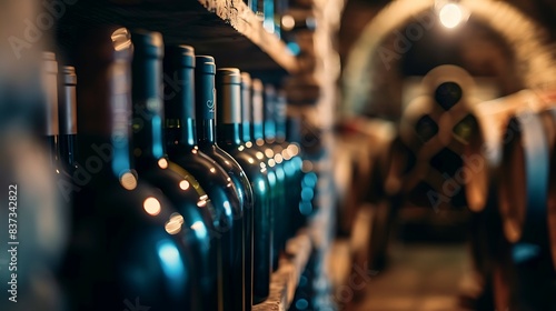 Wine bottles in a wine cellar. Selective focus. Toned.