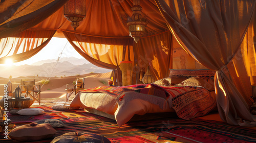 Luxury Moroccan desert tent interior at sunset with comfortable bedding and traditional decor. Exotic travel and adventure concept. Design for poster, banner, invitation