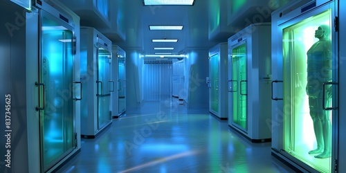 High-Tech Cryogenic Storage System Preserves Bodies in Illuminated Chambers at Facility. Concept Cryogenic Storage, Body Preservation, Illuminated Chambers, High-Tech Facility