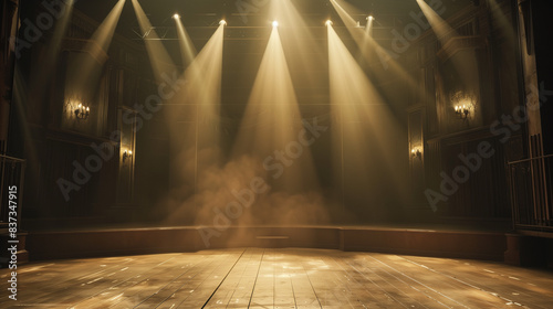 elegant theater stage with spotlights and atmospheric lighting in a vintage setting