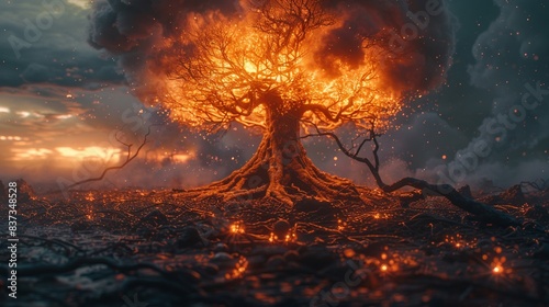 An image of radioactive pollution with glowing elements entwined with tree roots