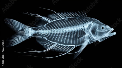 X-ray scan of fish. A striking contrast between light and dark reveals the intricate details of a fish skeleton, shimmering with an ethereal glow. 