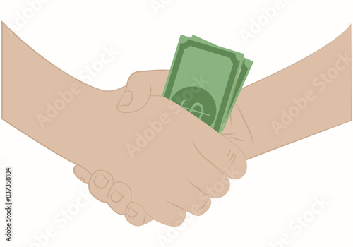 Apretón de manos sosteniendo un fajo de billetes representando la corrupción y negocios.