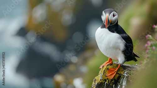 Atlantic puffin/Alca arctica closeup wildlife bird portrait in the steep cliffs of Latrabjarg in the westfjords of the Icelandic wilderness. Animal, birds and photography concept.