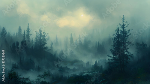 A moody, atmospheric landscape with rolling fog and muted colors, creating a sense of mystery and depth.