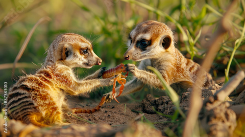 Meerkats are feasting on a scorpion in the lush green grass of the Kalahari Desert during the rainy season.