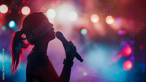 Beautiful asian female singer silhouette sings on stage in light show.