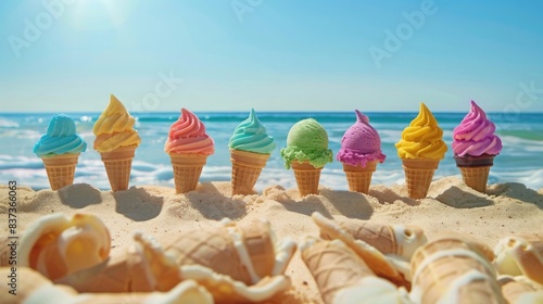 a family of different taste of ice cream cones having a great day at the beach , summer hot day