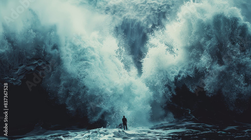 Person Standing in Large Wave
