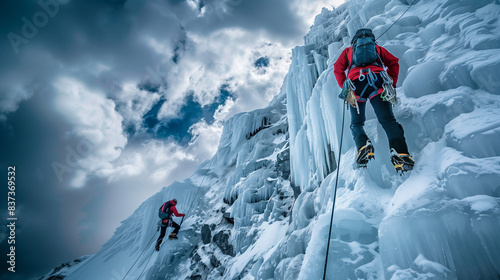 Two climbers scaled an icy mountain peak using ropes and climbing equipment, navigating difficult, icy terrain under cloudy skies.
