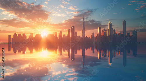 Sunset illuminates modern city skyline above blue water generated by AI