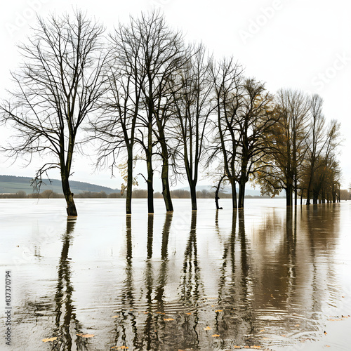 flood of the river saar, saarburg in saarland, germany, flooded trees and paths, high water level, climate change isolated on white background, minimalism, png