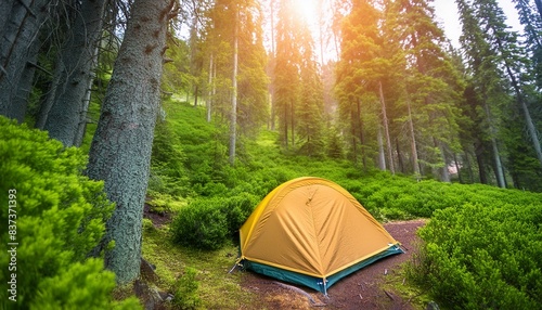 Camping background with blurred forest background and tent. Outdoor nature background. image