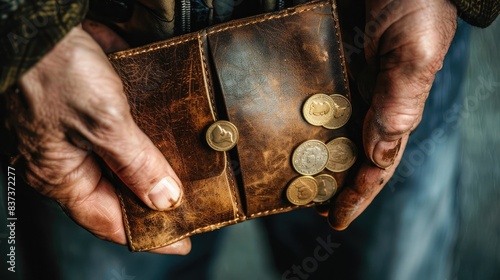 A man's open empty wallet with coins, real photo.