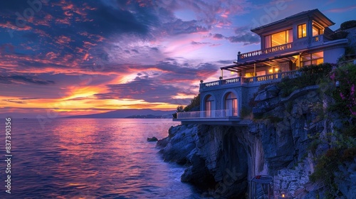 Beautiful luxury villa on the cliff above the sea at sunset