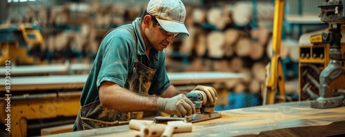 A man is working on a piece of wood in a workshop. The atmosphere is focused and serious, as the man is using a saw to cut the wood