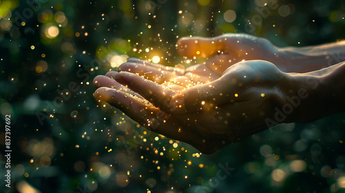 magic banner, in hands golden pollen and magic glow close-up on dark green background and bokeh