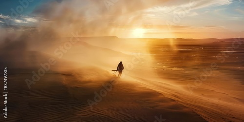 shaman sprinting across a windswept desert landscape, his silhouette outlined against the blazing sun on the horizon. The vast expanse of sand dunes stretches out behind him, emphasizing the solitary 