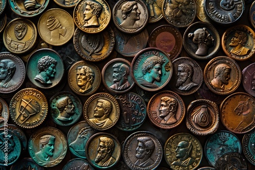 A collection of bronze coins minted during the Punic Wars, bearing the likenesses of Roman and Carthaginian leaders. The coins are arranged in a tableau, their surfaces worn by centuries
