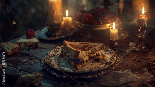 half-eaten sandwich on a vintage plate, surrounded by flickering candlelight. The composition exudes an intoxicating blend of decadence and decay, with sumptuous colors and intricate details drawing t