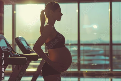Pregnant woman in black sports bra working out in gym