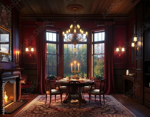 Dining room with a grand chandelier, round wooden table, vintage chairs, and sophisticated decor