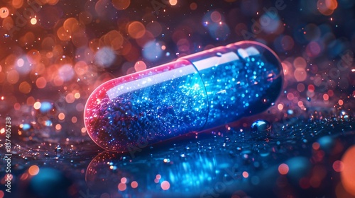 Smart digital pill or capsule on glowing blue and red background. Future Healthcare, Pharmaceutical and scientific medical technology concept.