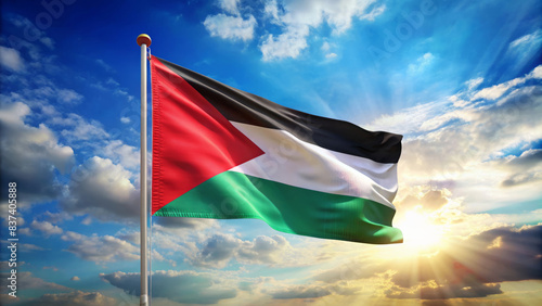 The flag of Palestine on a blue sky background