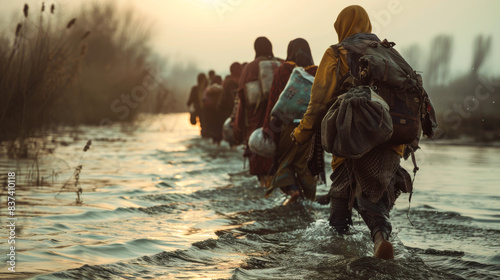 Refugees Crossing River to Escape Conflict. A poignant image of refugees crossing river to escape conflict, highlighting perilous journey and resilience of displaced people seeking safety and new life