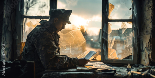 Soldier Writing a Letter Home. A soldier in a camouflage uniform writes a letter home in a dimly lit room, capturing a personal and reflective moment amidst the backdrop of conflict.