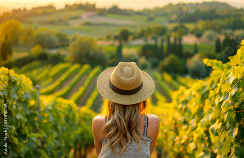Traveler Visiting a Vineyard. A traveler with a straw hat is visiting a local vineyard, observing rows of grapevines stretching out over the rolling hills at sunset.
