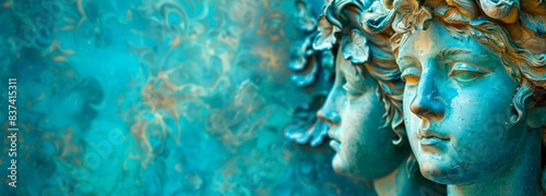 Baroque sculptural figures with copper and verdigris patina against an abstract turquoise background. Classical art and antique decor concept.
