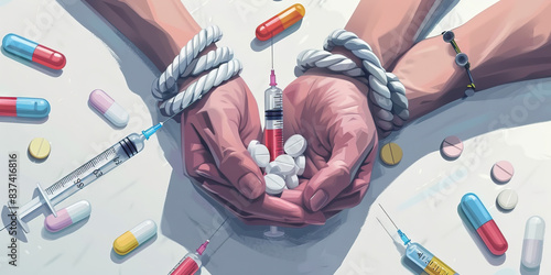 Reinvention through Detachment: A person's wrists are freed from the shackles of addiction, represented by broken syringes, discarded pills and needles, signifying their journey towards reclaiming con