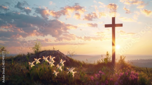 A simple wooden cross on a hill, overlooking a peaceful countryside