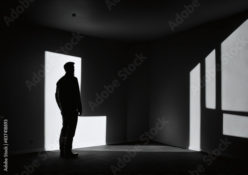 Shadows and Silhouettes in paranoid person hallucination, lurking figures or hidden dangers, paranoia and insecurity