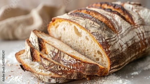 Close-up of traditional sourdough bread cut into slices, revealing the airy texture and rustic charm