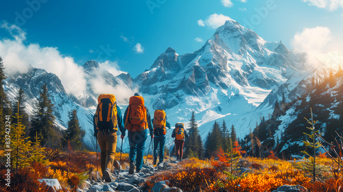 Hikers with backpacks trekking towards snow-capped mountains through vibrant autumn foliage under a clear blue sky
