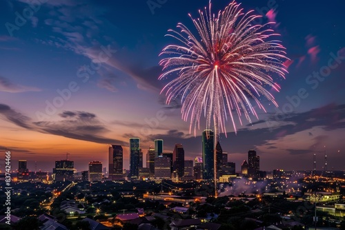 Vibrant fireworks over downtown Houston skyline at twilight celebration
