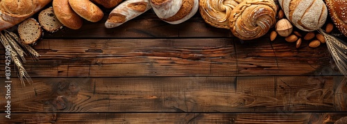 Assorted bread on wooden background. Rustic bread