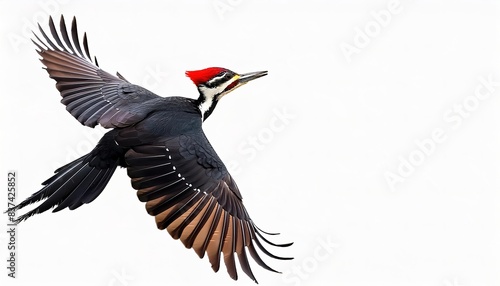 Wild adult male pileated woodpecker - Dryocopus pileatus - is a large, mostly black woodpecker native to North America, mouth open while perched on pine tree. Looks like woody woodpecker