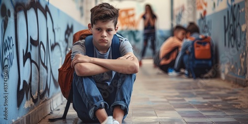 photo of school bully victim - upset boy student on campus