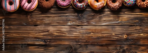 Assorted donuts on rustic wood background
