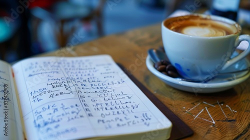 A close-up of a mathematical proof written out in a notebook beside a cup of coffee