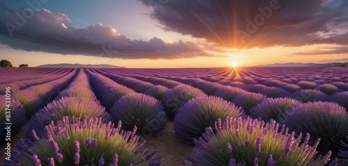 The golden sun dips below the horizon, casting a warm glow over expansive lavender fields under a dramatic cloud-streaked sky.