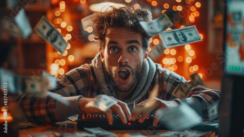 A man sits at his computer, eyes glued to the screen, as dollar bills rain down around him. He looks shocked and surprised by his sudden fortune
