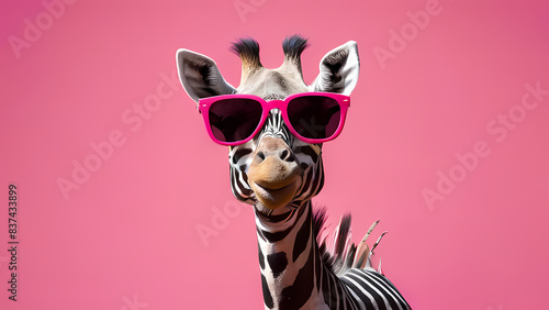 The aesthetic of this image is a fun blend of wildlife and whimsy, with a smiling zebra sporting a pair of trendy pink sunglasses