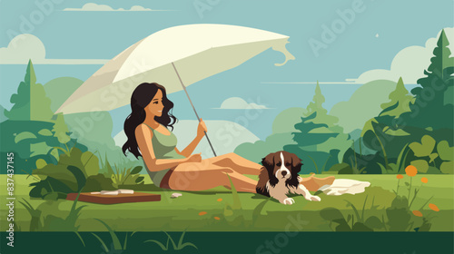 Woman sunbathing in nature alone relaxing with dog