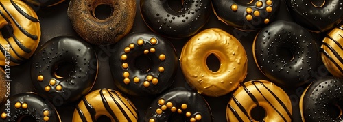 Gold and black donuts on black background