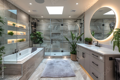 Contemporary bathroom freestanding bathtub, walk-in shower glass enclosure, white marble countertops, round mirrors LED backlighting, grey tiles, skylight, small potted plants touch of greenery.